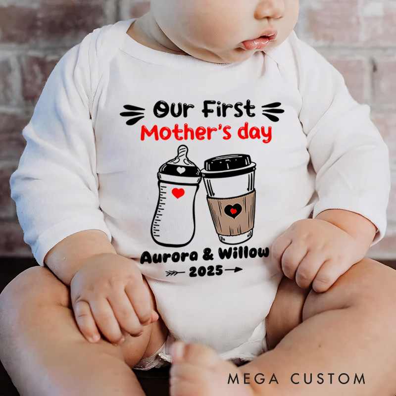 Personalized Our First Mother's Day Milk Bottle and Coffee Cup with Names and Heart Accents Baby Bodysuit