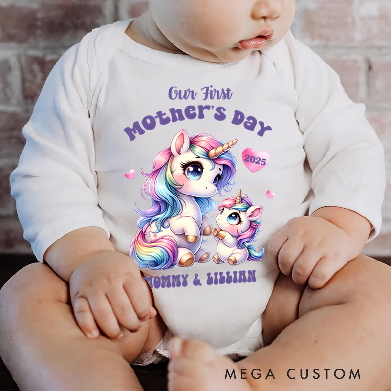 Personalized Our First Mother's Day Unicorn Mom and Baby Design with Vibrant Colors and Name Baby Bodysuit