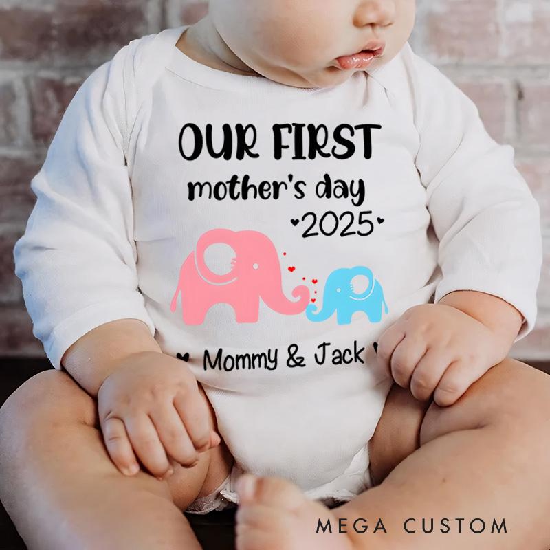 Personalized Our First Mother's Day Pink and Blue Elephant Design with Names and Year Baby Bodysuit