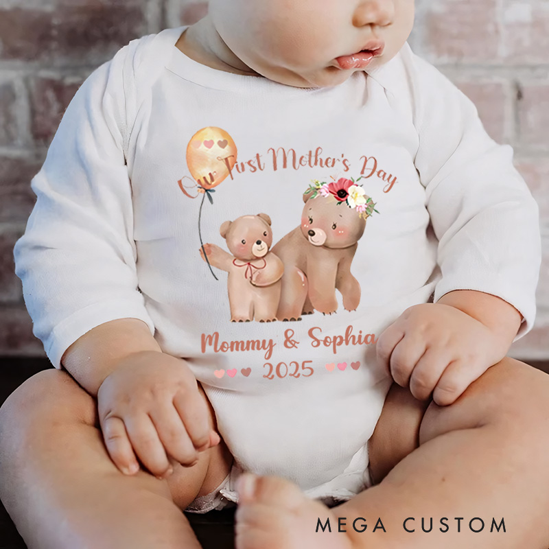 Personalized Watercolor Cute Bears Baby Onesie with Name Our First Mother's Day Gift for Mom Baby
