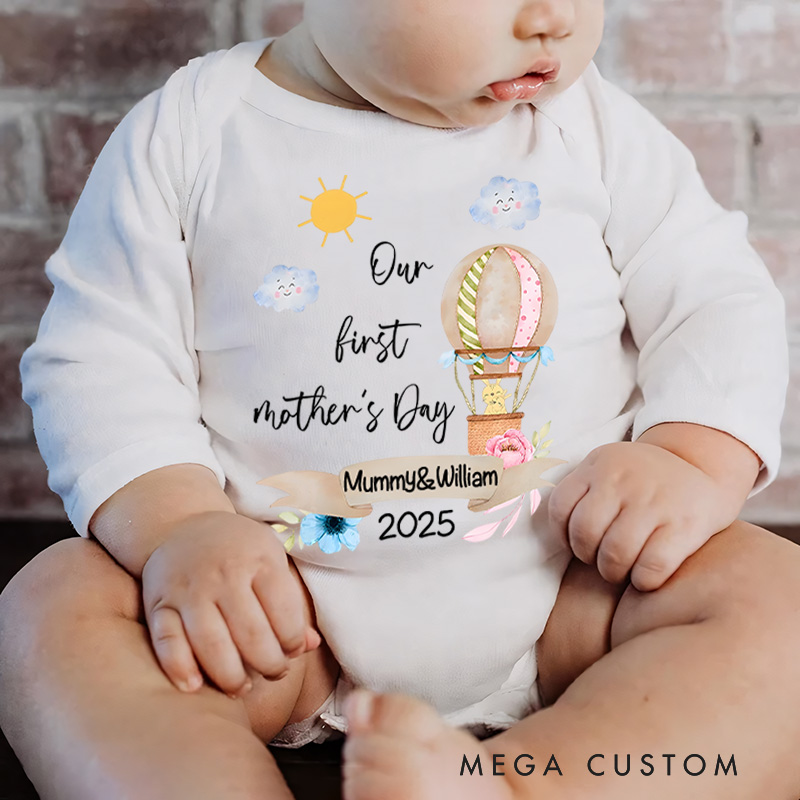 Personalized Our First Mother's Day Hot Air Balloon and Sunny Sky Design with Names and Year Baby Bodysuit
