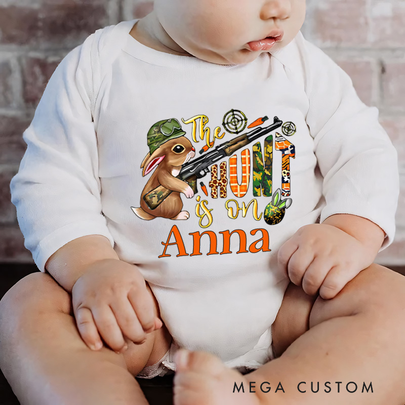 Personalized Cute Bunny The Hunt Is On Baby Onesie with Name Easter Gift for Baby