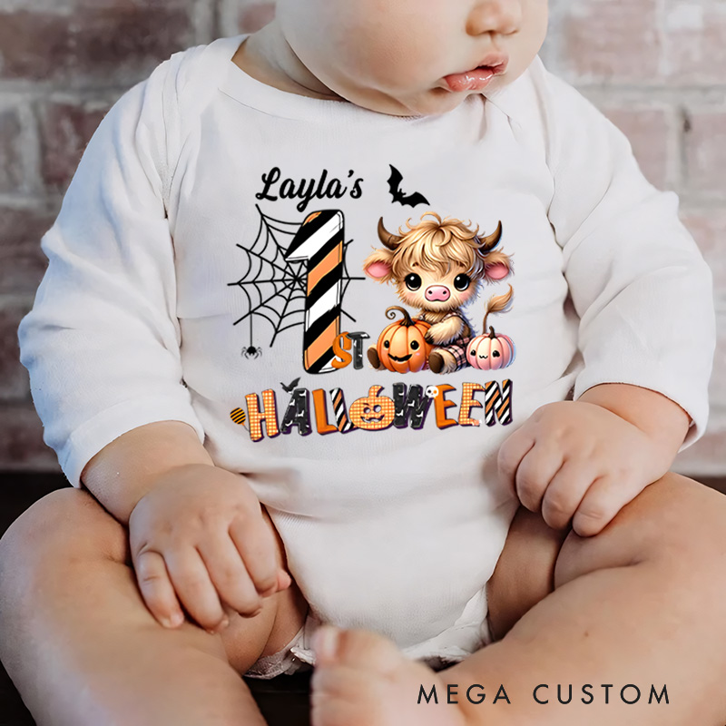 Personalized First Halloween Fun Featuring Cute Baby Cow Baby Bodysuit
