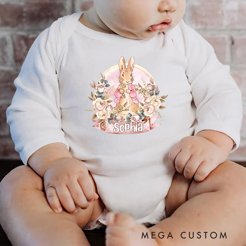 Personalized Charming Rabbit and Floral Elegance for Babies Baby Bodysuit Baby Easter Gift