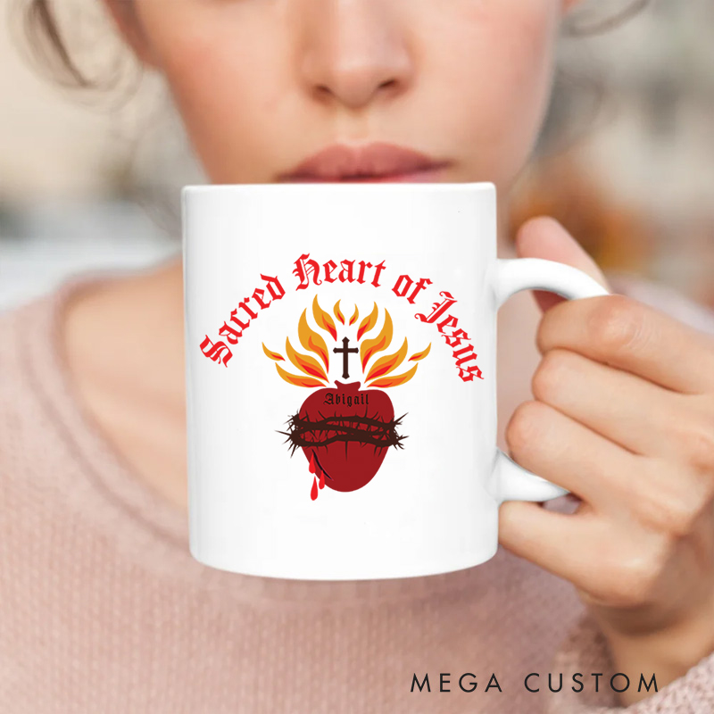 Personalized Sacred Heart of Jesus Ceramic Mug with Name Birthday Gift for Christian Positive Affirmation Religious Gift for Christian