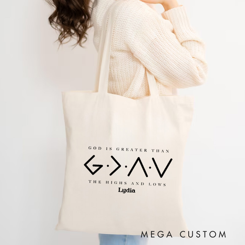 Personalized God Is Greater Than the Highs and Lows Canvas Tote Bag with Name Christian Bag Faith Based Tote Bag Birthday Gift for Women