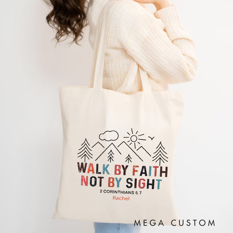 Personalized Walk by Faith Not by Sight Canvas Tote Bag Bible Verse Bag Boho Inspirational Tote Bag Gift of Faith Birthday Gift for Jesus Lover
