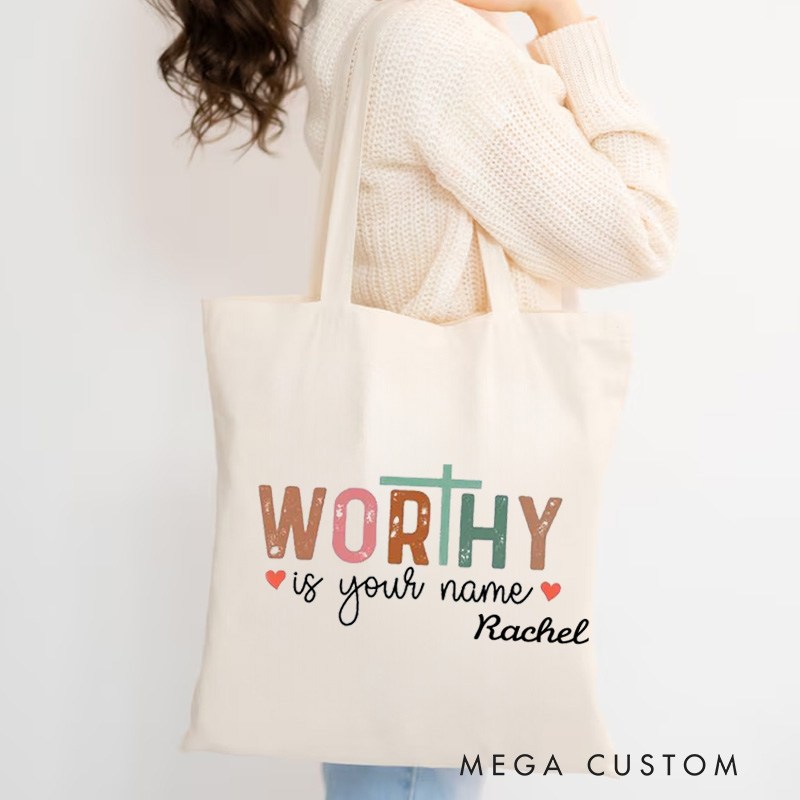 Personalized Worthy Is Your Name Canvas Tote Bag Christian Bag with Name Birthay Gift Religious Gift for Her