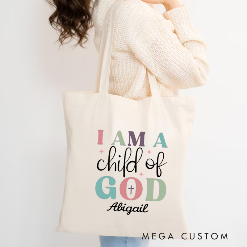 Personalized I Am A Child of God Canvas Tote Bag with Name Religious Tote Bag Birthday Gift for Christian Friends and Family