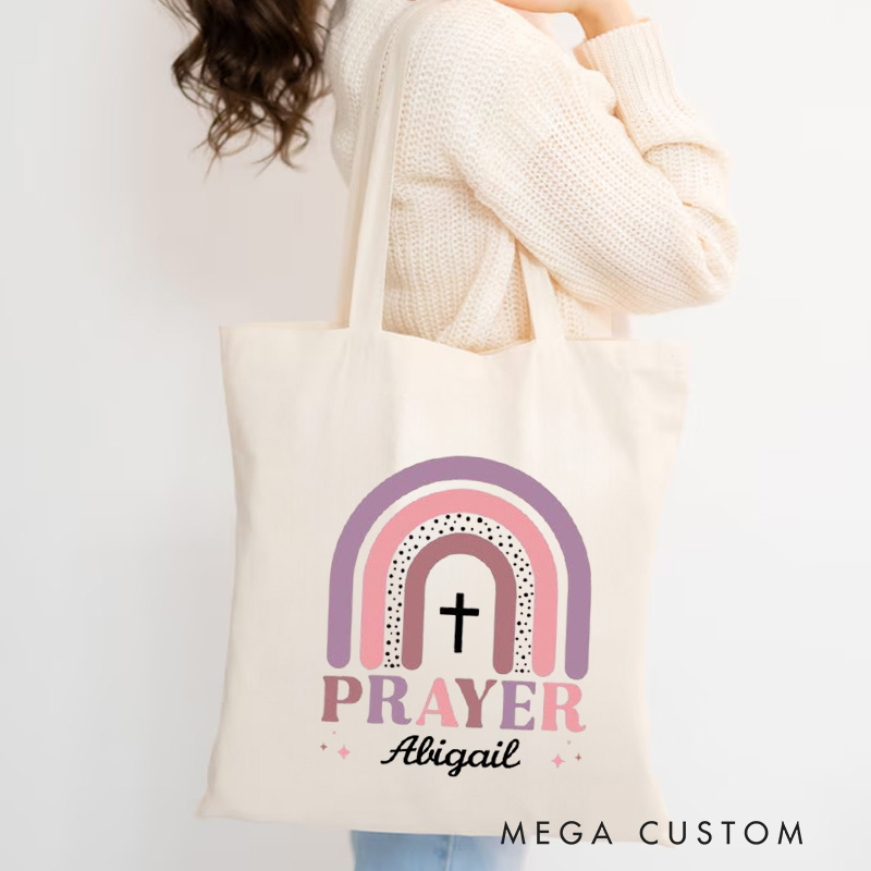 Personalized Prayer with Rainbow and Cross Canvas Tote Bag with Custom Name Religious Bag Birthday Gift for Christian Girls