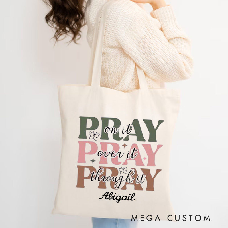 Personalized Pray on It with Butterflies Canvas Tote Bag with Name Christian Tote Bag Religious Gift for Girls