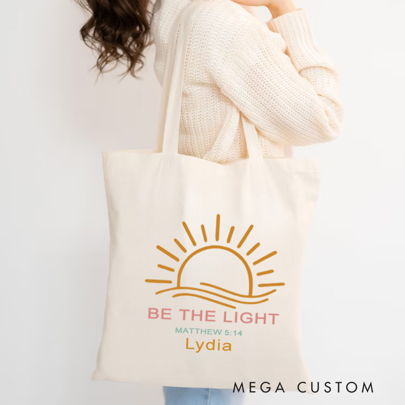 Personalized Be the Light Inspirational Canvas Tote Bag Matthew 5:14 Bag with Custom Name Religious Gift Perfect Gift for Christians