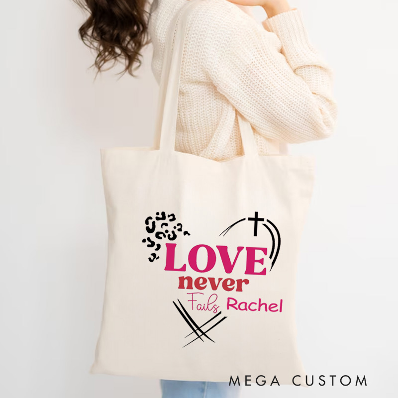 Personalized Love Never Fails Leopard Style Canvas Tote Bag Bible Verse Tote Bag with Custom Name Birthday Gift for Women
