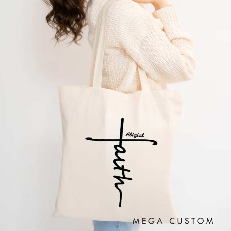 Personalized Faith Cross Canvas Tote Bag with Name Birthay Gift Religious Thoughtful Gift for Christians
