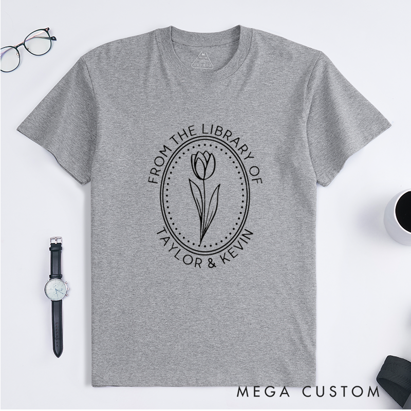 Personalized Library Book Stamp Classic T-Shirts Custom Name Floral Gift for Book Lovers Unique Present for Readers Literature Fans