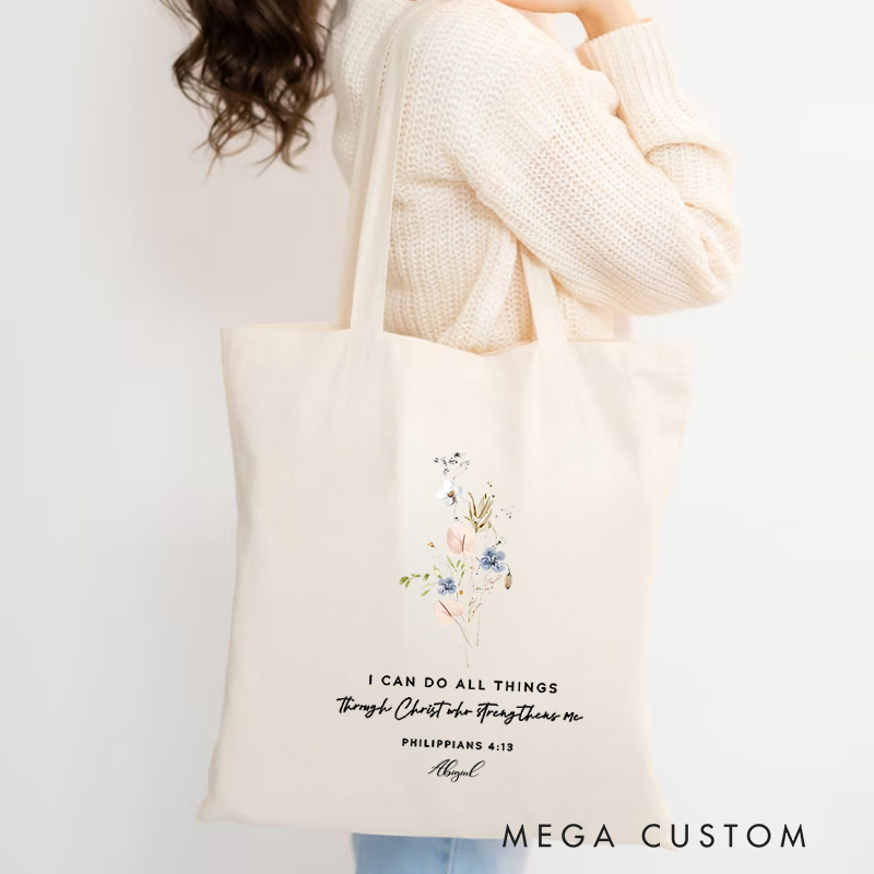 Personalized I Can Do All Things Canvas Tote Bag with Name Bible Verse Blessed Bag Religious Gift Birthday Gift for Girls and Women