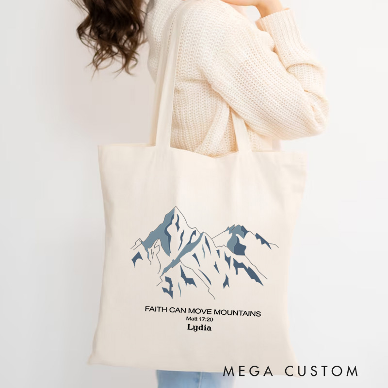 Personalized Faith Can Move Mountains Canvas Tote Bag with Custom Name Religious Tote Bag Birthday Gift for Christians