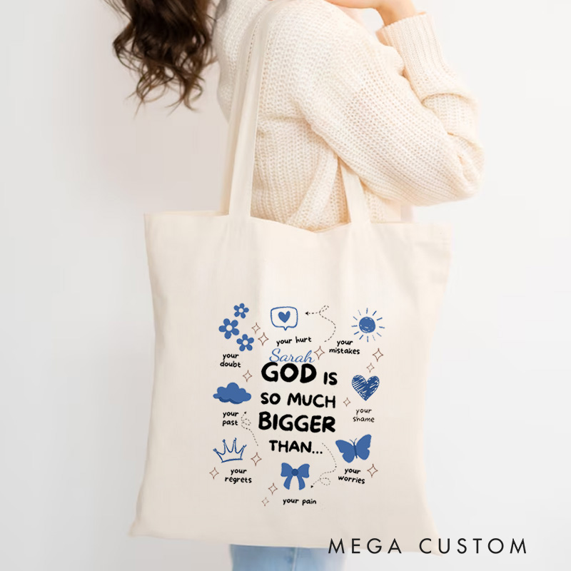 Personalized God Is So Much Bigger Than Canvas Tote Bag with Name Christmas Gift for Women Positive Affirmation Religious Gift for Christian