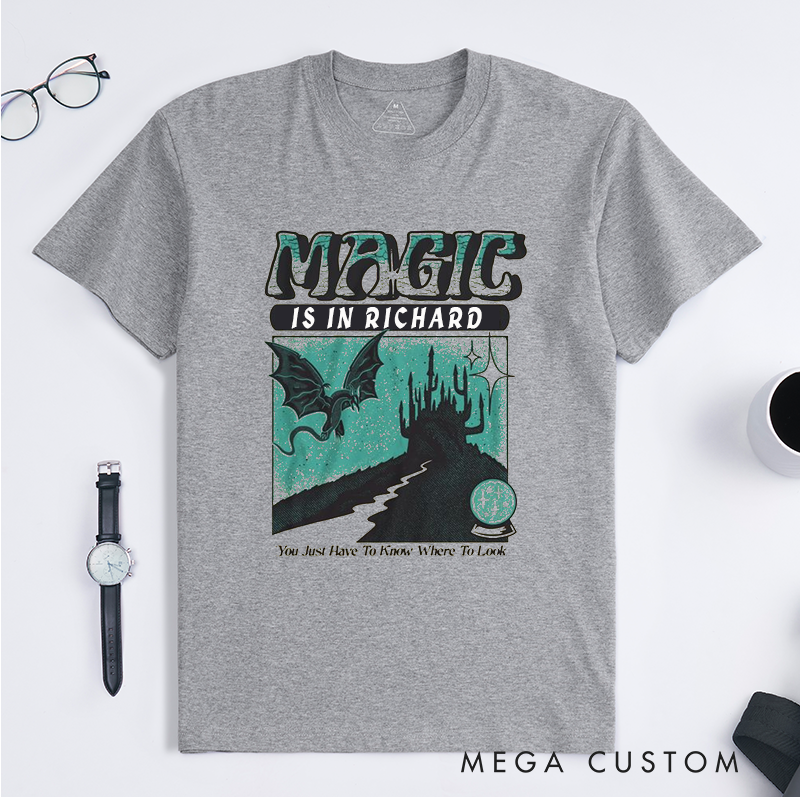 Personalized Magic Is Everywhere Unisex Classic T-Shirt with Fantasy Castle and Bat Design Unique Gift for Magic Lovers Custom Name Shirt Mystical Tee
