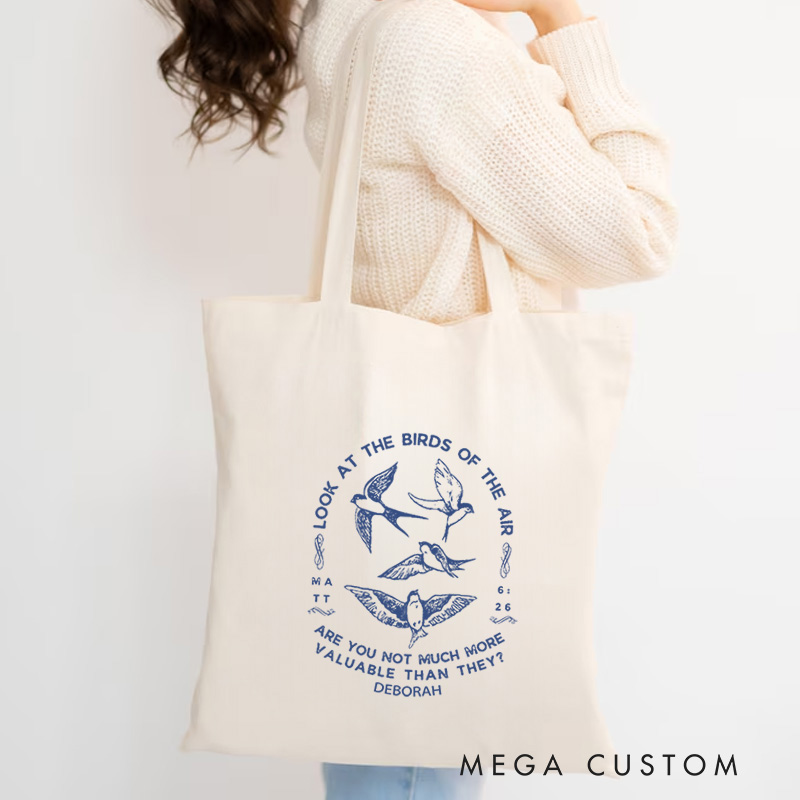 Personalized Matt 6:26 Bible Verse Canvas Tote Bag with Name Christmas Gift for Women Positive Affirmation Religious Gift for Christian
