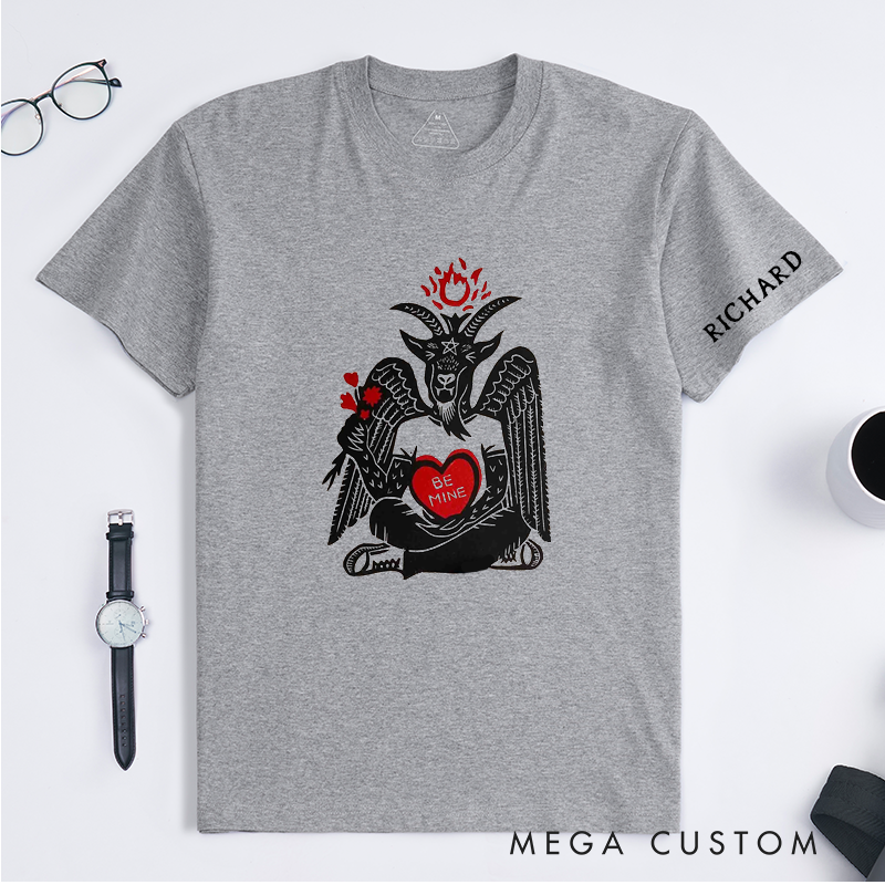 Personalized Baphomet Valentines Day T-Shirt Unisex Unique Gothic Goat Heart Be Mine Gift Custom Name Occult Aesthetic Classic Tee 