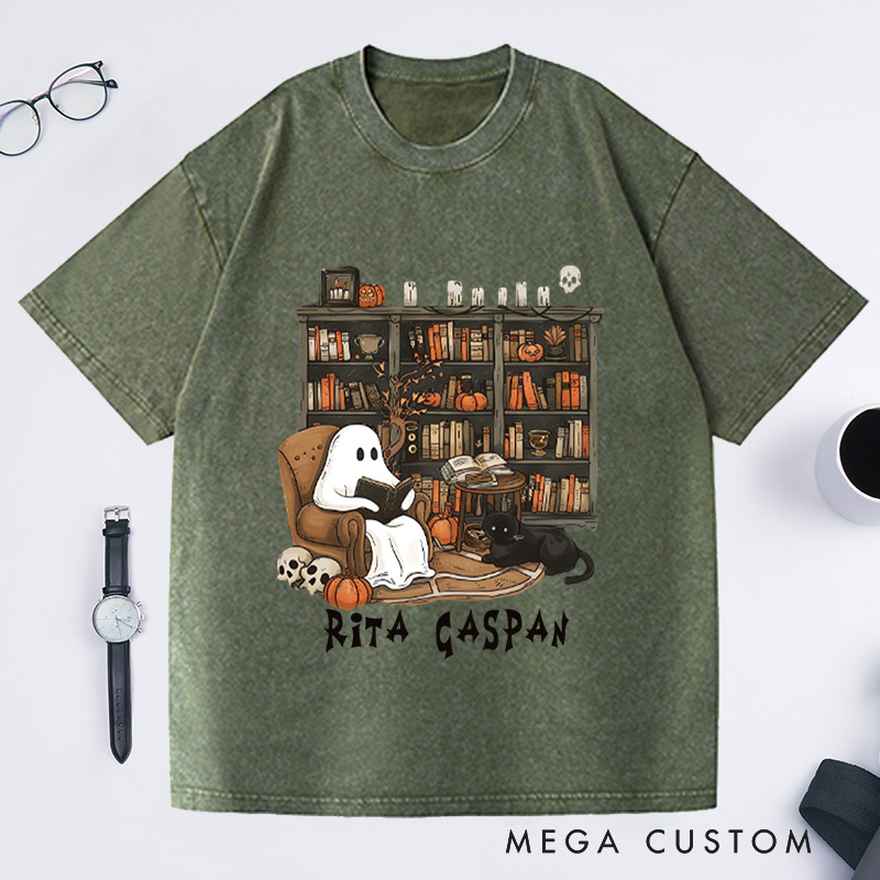 Personalized Ghost Book Reader Washed T-Shirts Reading Tee Book Lover Gift Reading Enthusiast Book Shirt Ghost Reader Tee Literature Lover