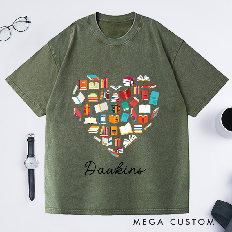Personalized Book Love Washed T-Shirts Book Addict Clothing Book Heart Tee Reading Lover T-Shirt 