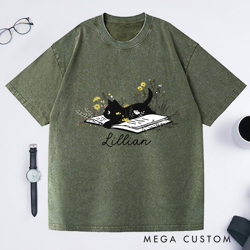 Personalized Cat Flowers Lover Washed T-Shirts Cute Book Cat Shirt Floral Book Shirt Book Lover Shirt