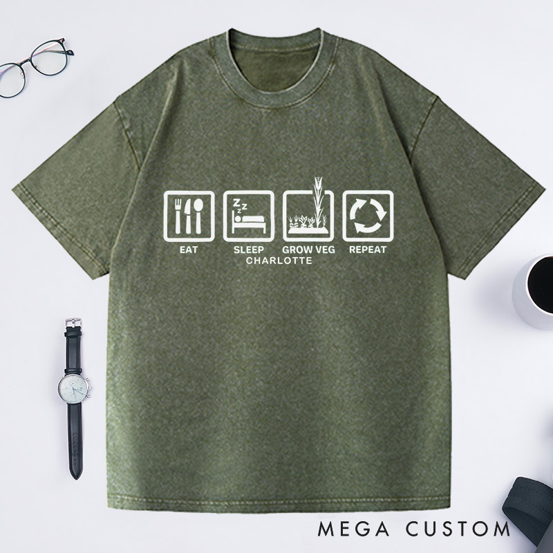 Personalized Eat Sleep Grow Veg Repeat  Washed T-Shirts Funny Garden Allotment Vegetable Garden Gift 