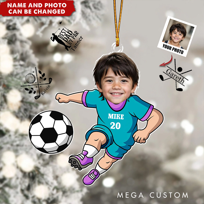 Personalized Soccer Player Ornament with Custom Name Number and Photo Design