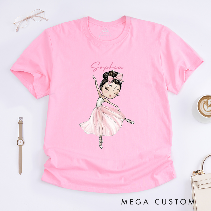 Personalized Ballerina Girl T-Shirt Custom Name Ballet Dance Gift Soft Cute Birthday Present for Daughter Little Girl Kids Ballet Lover