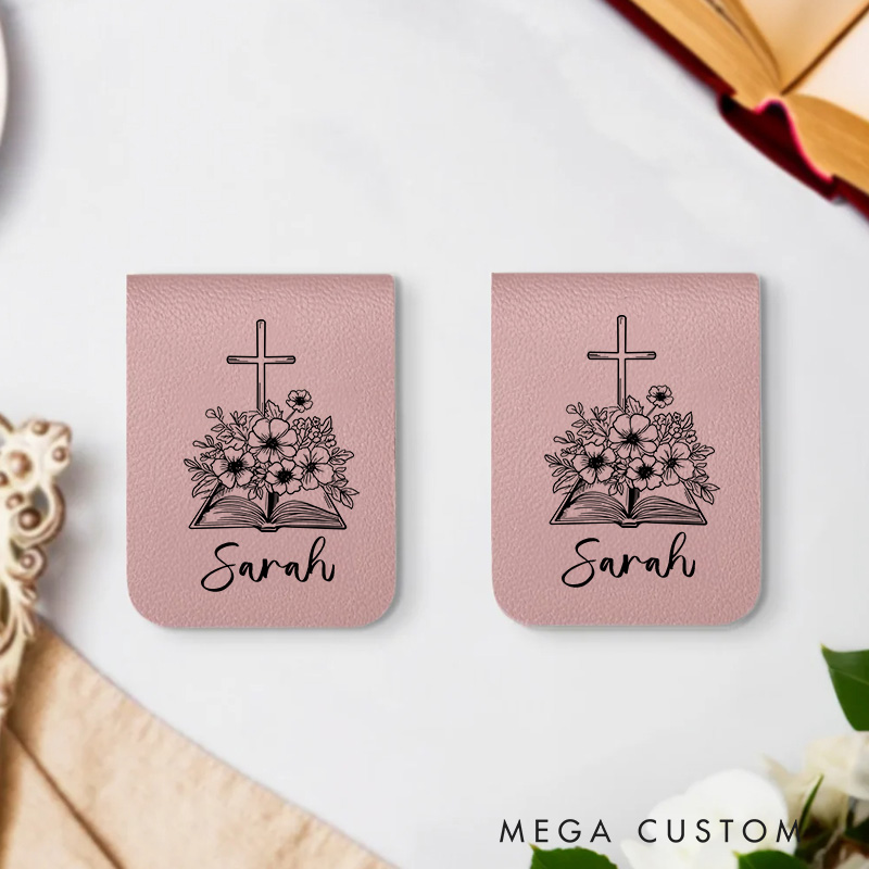 Personalized Bible Book Flower Cross Magnetic Leather Bookmark Clip with Name Birthday Christmas Gift for Christian Book Lovers