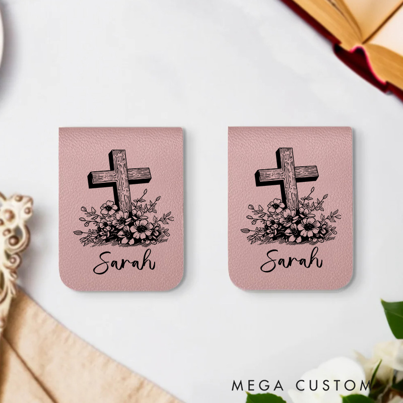 Personalized Flower Cross Magnetic Leather Bookmark Clip with Name Birthday Christmas Gift for Christian Book Lovers