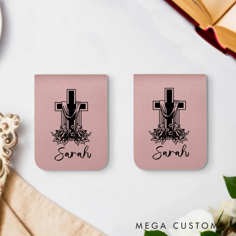 Personalized Flower Cross Ribbon Magnetic Leather Bookmark Clip with Name Birthday Christmas Gift for Christian Book Lovers