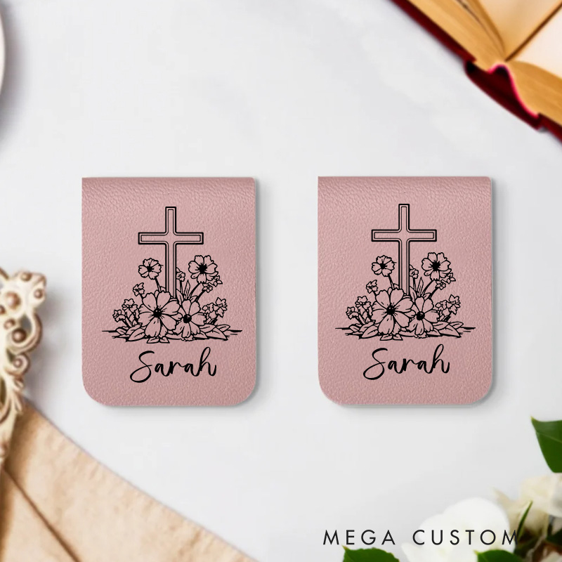 Personalized Devotion Flower Cross Magnetic Leather Bookmark Clip with Name Birthday Christmas Gift for Christian Book Lovers