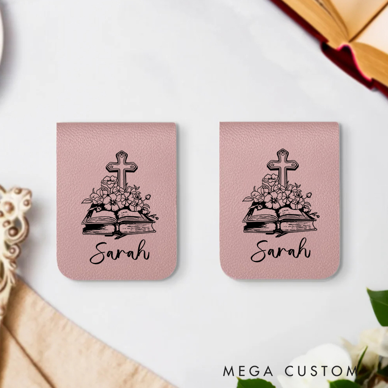 Personalized Flower Bible Book Cross Magnetic Leather Bookmark Clip with Name Birthday Christmas Gift for Christian Book Lovers