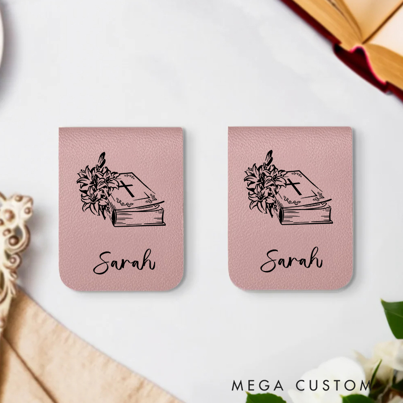 Personalized Faith Bible Book Flower Cross Magnetic Leather Bookmark Clip with Name Birthday Christmas Gift for Christian Book Lovers