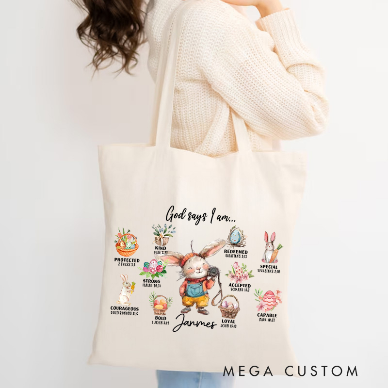 Personalized Rabbit Dream Job Cute Bunny God Said I Am Bible Tote Bag with Name and Canvas Pocket Easter Birthday Christian Gift for Kids