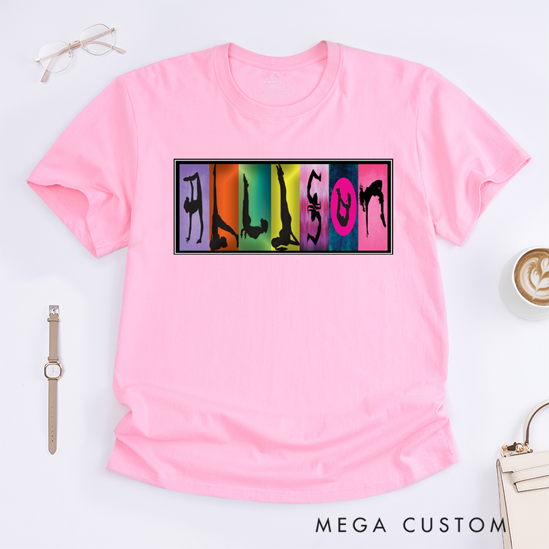 Personalized Name Yoga Pose Art T-Shirt Gift for Women Custom Gymnastics Tee Unique Top for Mom Friends Family Birthday