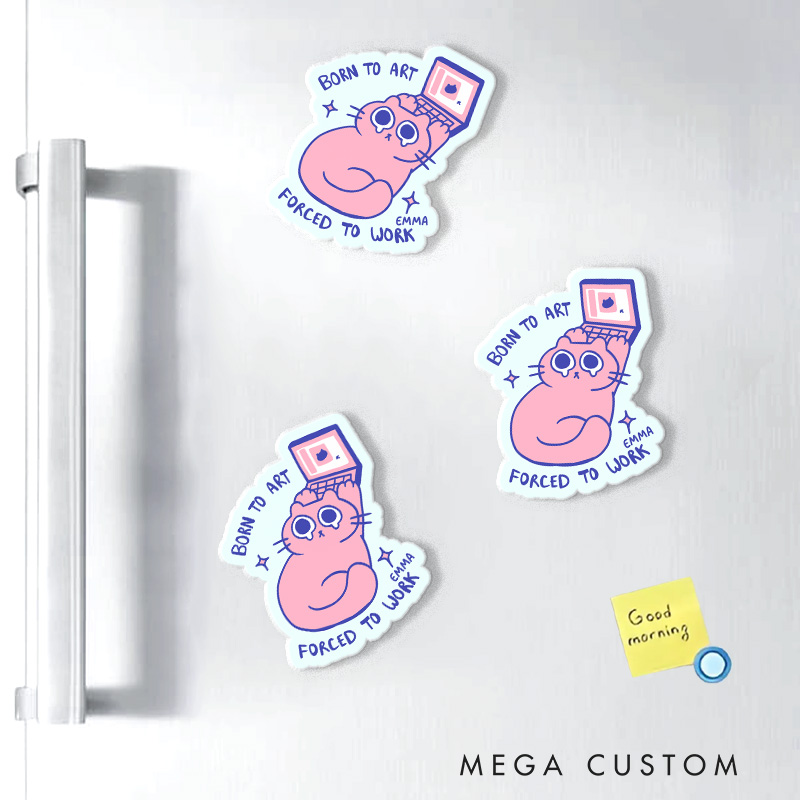 Personalized Born to Art Forced to Work Artist Fridge Magnets Cat Funny Humor Magnets Art Lover Illustration Fridge Decal