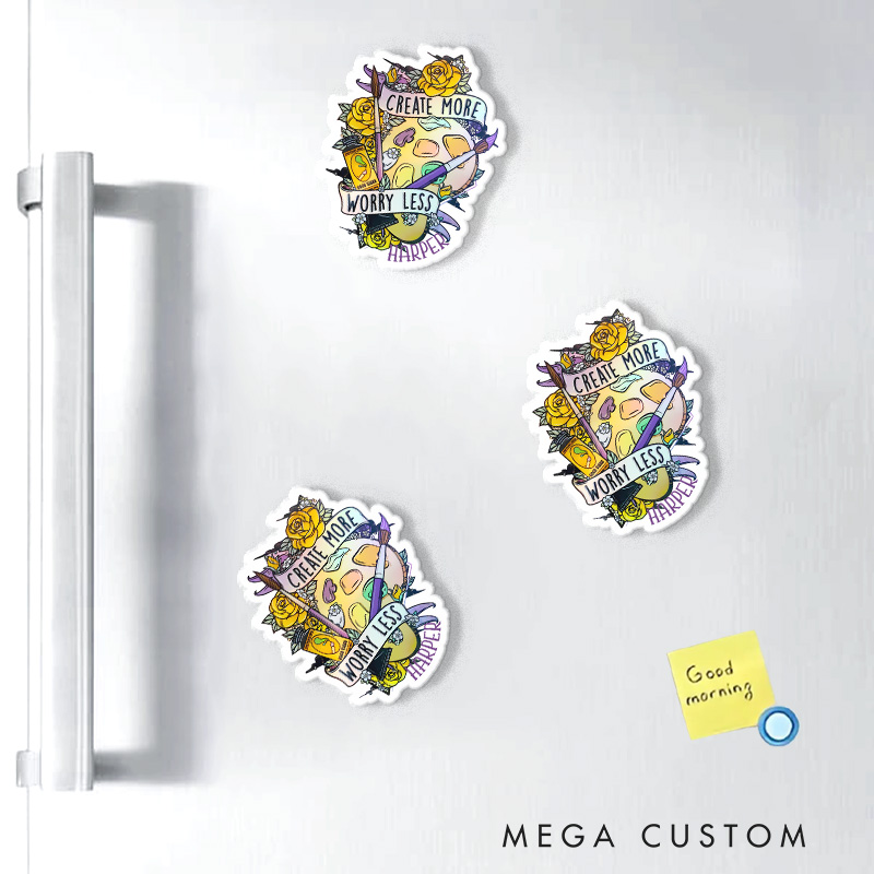 Personalized Create More Worry Less Artist Fridge Magnets Painting Motivational Magnets Art Lover Illustration Fridge Decal