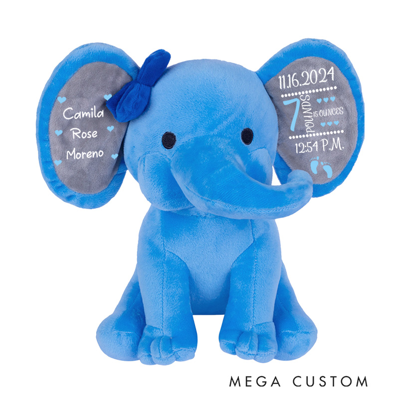 Personalized Birth Details Illustration with Date Time Weight Height and Footprint Accents for a Meaningful Keepsake Baby Elephant Plush Toys