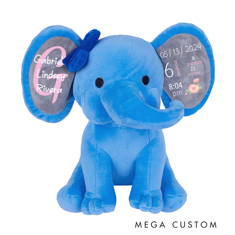 Personalized Birth Announcement Illustration with Date Time Weight Height and Baby Footprint Accents for a Cherished Keepsake Baby Elephant Plush Toys