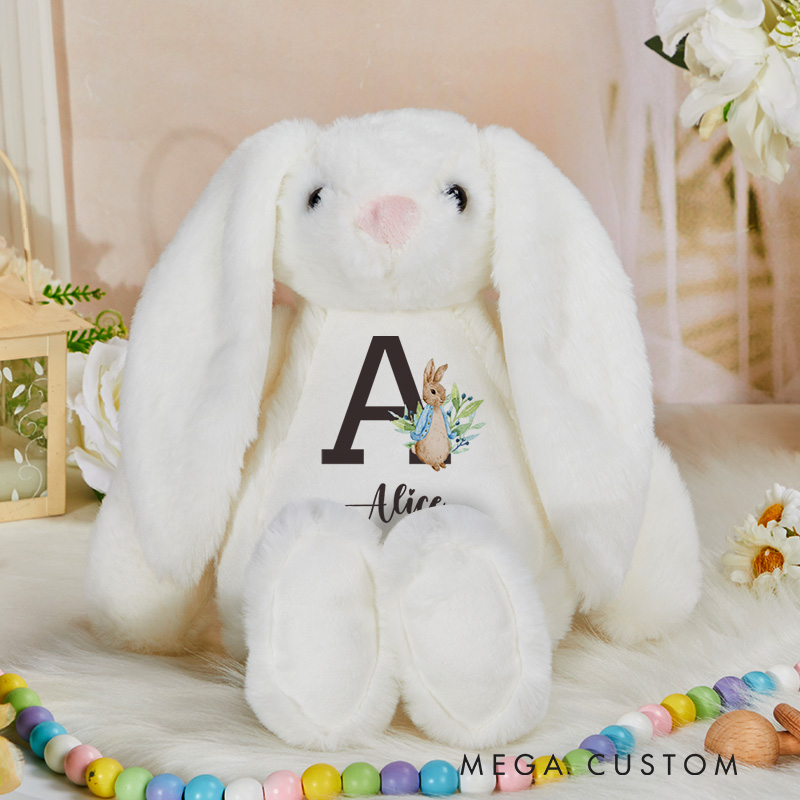 Personalized Initial and Name Illustration Featuring Date and Floral Details for a Charming Nursery Accent Baby Rabbit Plush Toys