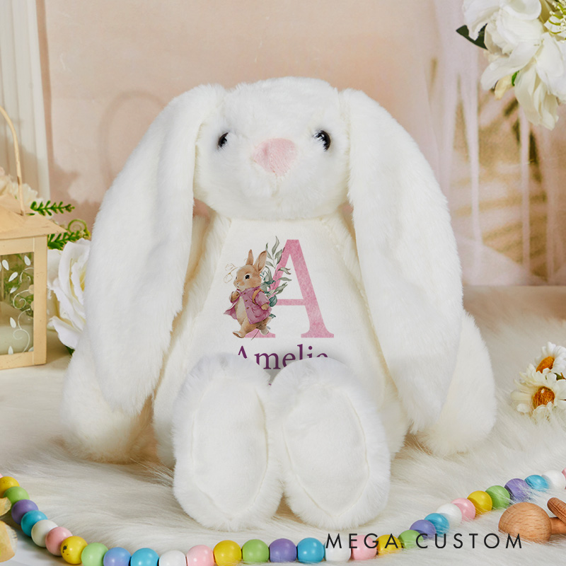 Personalized Initial and Name Illustration with Pastel Floral Accents for a Delightful and Sophisticated Keepsake Baby Rabbit Plush Toys