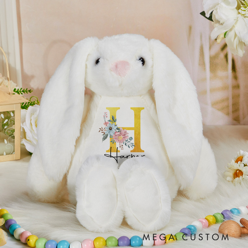 Personalized Initial and Name Illustration Featuring Date and Floral Accents for a Beautiful Nursery Decoration Baby Rabbit Plush Toys