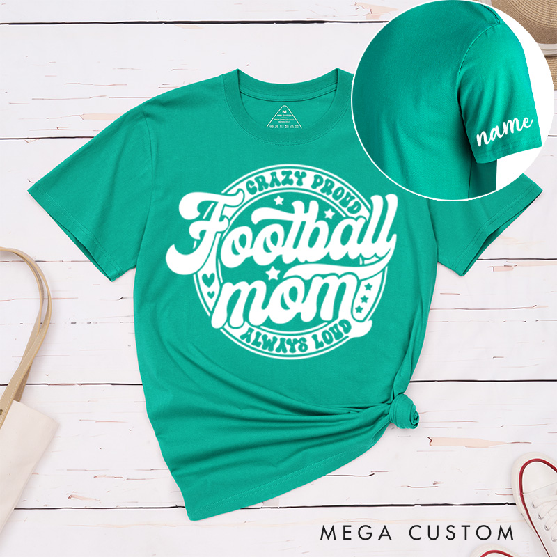 Personalized American Football Mom T-Shirts Featuring Custom Name on the Sleeve