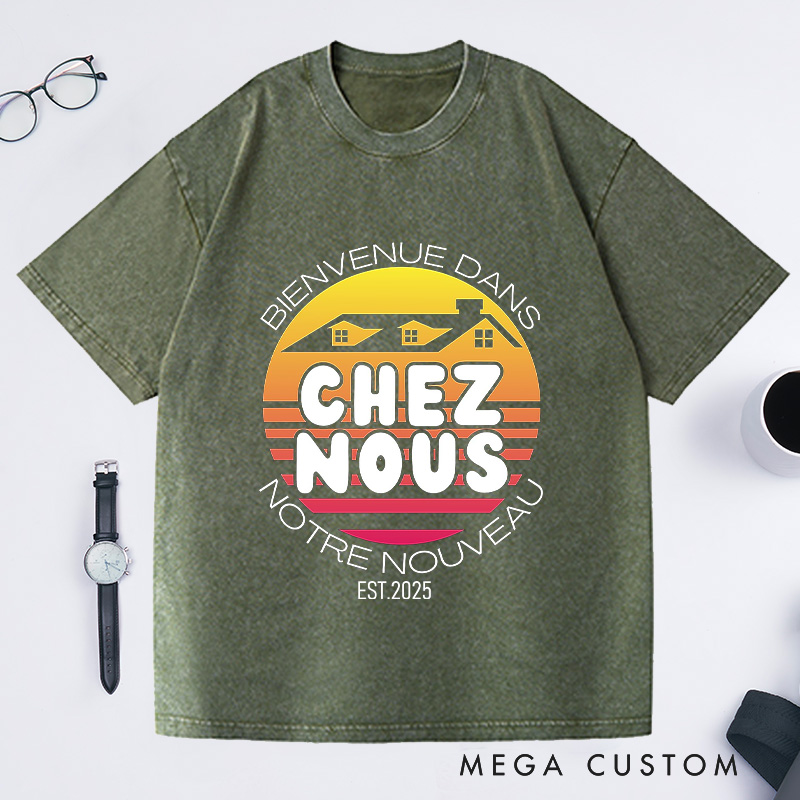 Personalized Custom EST Chez Nous T-Shirt Retro Sunset Housewarming New Home Celebration