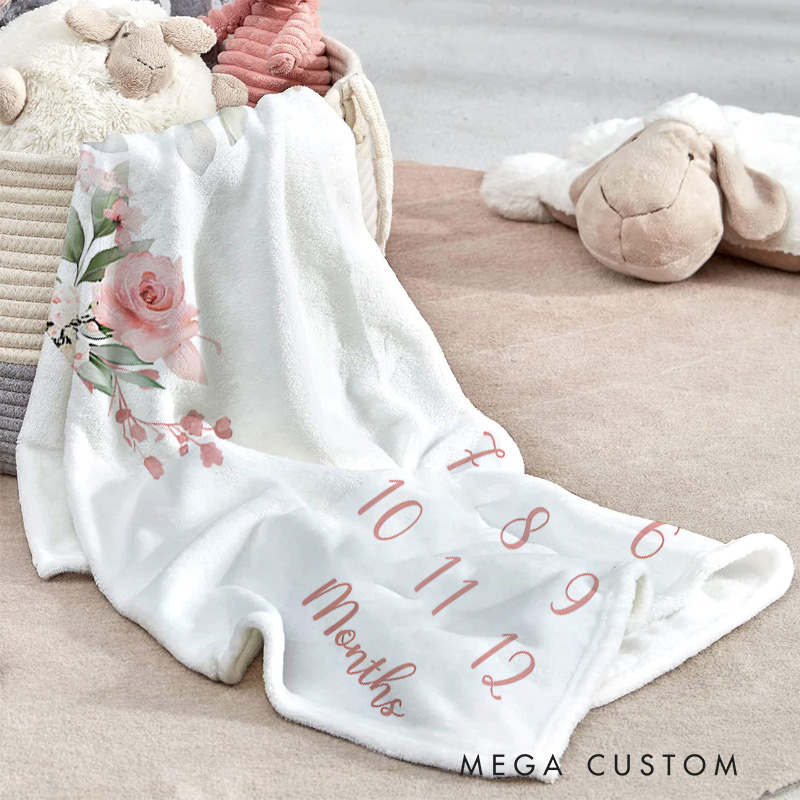 Personalized Floral Wreath Milestone Baby Blanket Combining A Floral Wreath And Growth Tracker Baby Blanket