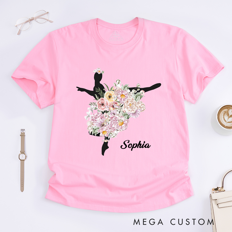 Personalized Ballerina Floral Art T-Shirt Custom Name Flower Dance Silhouette Gift for Women Girls Unique Artistic Ballet Lover Birthday Present